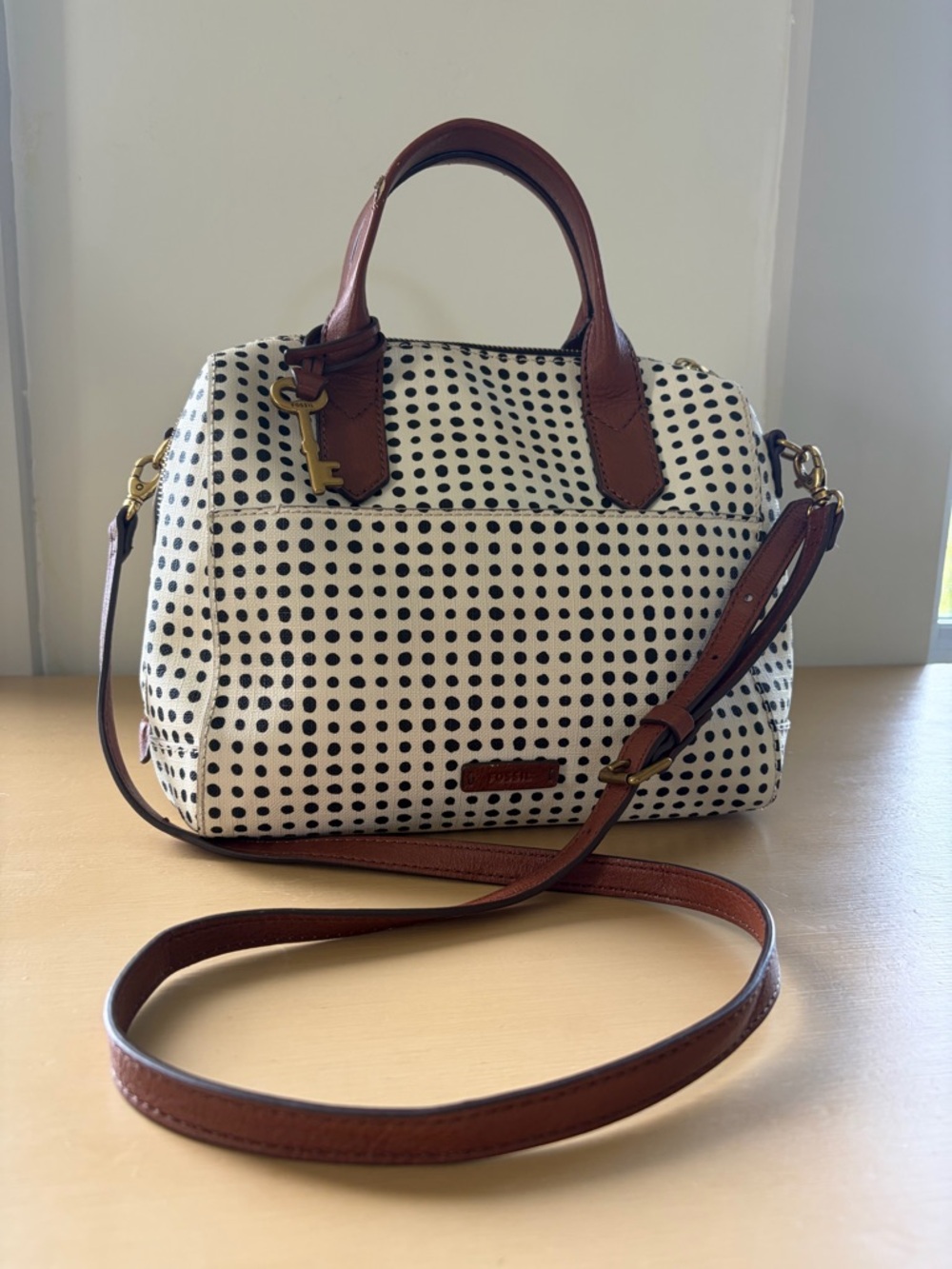 Fossil Polka Dot Sydney Satchel Handbag with Brown Trim